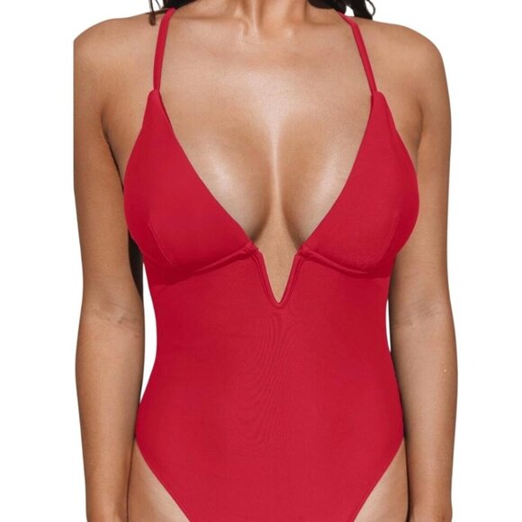 Cupshe Womens One-Piece Swimsuit XL Red Plunge Neckline V-Wire Cross-back Strap - Picture 4 of 10